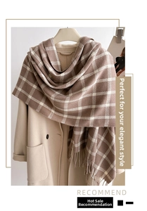 Detail of plaid tassel scarf paired with a beige wool coat for an elegant winter look