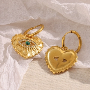18K gold plated heart earrings with evil eye malachite and sparkling small crystals