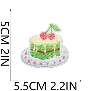 Detail of embroidered green matcha cake patch with size dimensions 5cm x 5.5cm