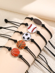Detailed set of 5 adjustable braided sports bracelets featuring football and basketball motifs