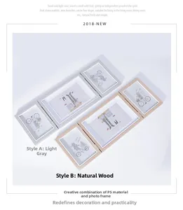 Detailed top view of light grey and wood grain PS material folding multi-frame photo display