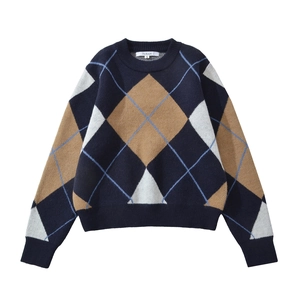 Damen Argyle Strickpullover Rundhals Langarm Retro Preppy Stil Acryl Baumwolle Pullover Mehrfarbig