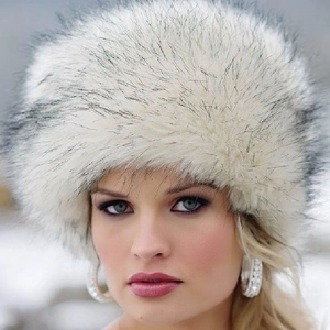 Winter faux fox fur hat in white with dark tips for women warm russian style flat top hat