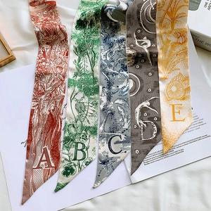 Artistic skinny silk neck scarves with floral and mythological patterns in five colors