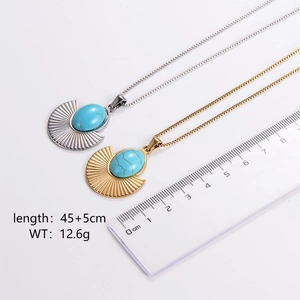Vintage Fan Shaped Pendant Necklace 316L Stainless Steel With Turquoise Inlay Bohemian Style Jewelry For Women