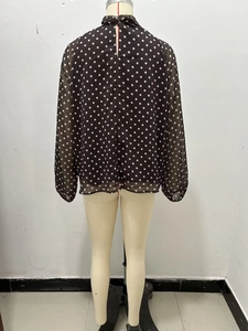 Detail view of the high neck polka dot blouse showing back zipper and sheer fabric