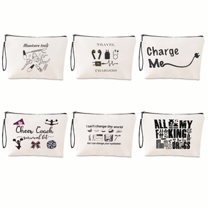 Set of 6 minimalist canvas organizer bags with functional prints and black wristlet straps