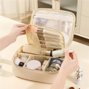 Large Capacity Makeup Bag PU Leather Waterproof Travel Toiletry Case Partitioned Portable Organizer For Cosmetics