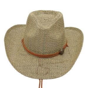 Classic western cowboy straw hat with wide brim, mesh weave and vintage metal buckle
