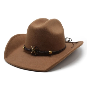 Classic brown wool felt western cowboy hat with woven band and metallic accents