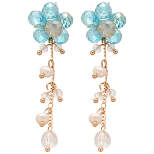 Floral beaded tassel earrings with light blue crystals and freshwater pearls for women
