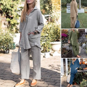 Detail view of linen blend two-piece set showing texture and four available colors