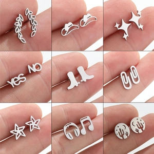 Minimalist Stainless Steel Stud Earrings For Women Cartoon Cactus Star Music Note Paperclip Boot YES NO Pattern Fashion Jewelry
