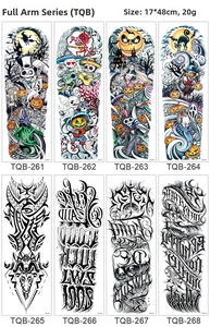 Close-up of 8 Halloween and Gothic temporary full arm tattoo stickers in a set