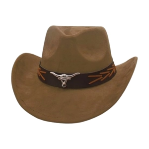 Close-up of brown suede western cowboy hat featuring a silver bull skull metal ornament