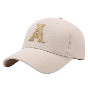 Stylish beige baseball cap with gold 3D embroidery letter A shown at a 45-degree angle