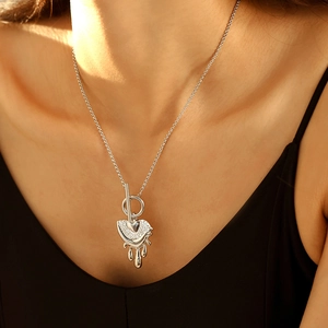 Silver melting heart pendant necklace with rhinestones and OT buckle for women