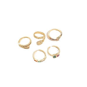 5-piece geometric colorful zircon rings set with 14K gold plating in fashion style