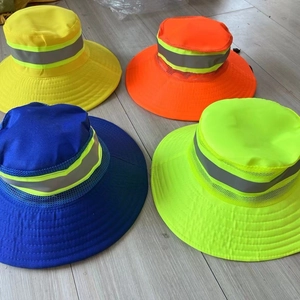 Reflective wide-brimmed work hats in various neon colors with mesh panels