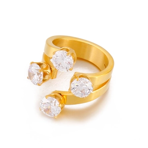18K gold-plated stainless steel open ring with four large circular cubic zirconia stones