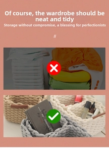 Visual comparison showing a woven cotton rope storage basket organizing messy clothes and items