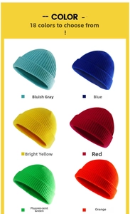 Matrix display of knitted beanie hats in blue, yellow, red, green and orange colors
