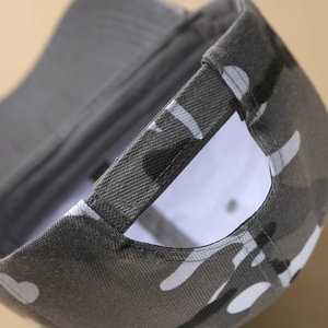 Rear view of camouflage baseball cap featuring adjustable velcro strap and twill fabric