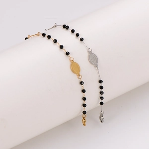 Black beaded stainless steel bracelet with religious icon pendant in gold and silver finish