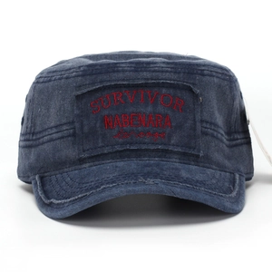 Vintage washed navy blue flat top military cap with distressed survivor embroidery