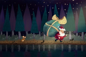 Detailed Christmas illustration of Santa Claus and animals walking through a night forest