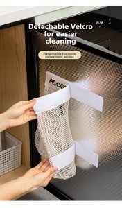 Detail of detachable mesh bag with strong velcro straps for easy kitchen wall mounting