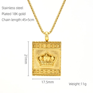 Detailed view of square crown pendant in 18K gold plated stainless steel with dimensions