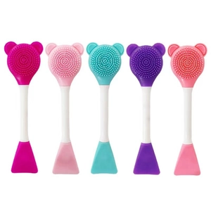 Dual Ended Facial Cleansing Brush Silicone Mask Applicator Long Handle Bear Shape Massage Face Scrubber Tool