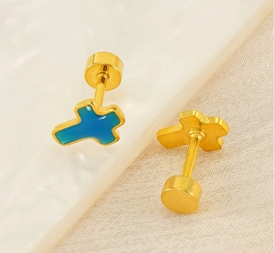 Detailed close-up of gold stainless steel cross earrings with blue enamel gradient inlay