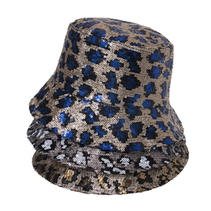 Glittery leopard print bucket hats for women in blue, white, and gold sequin patterns