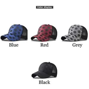 Maple leaf print trucker hat collection in blue, red, grey, and black colorways