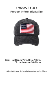 Size chart showing 54-59cm adjustable circumference and 7cm depth for the baseball cap