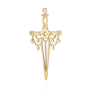 Macro view of gold stainless steel dagger pendant with star pattern and hanging detail