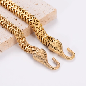 Viking wolf head gold braided stainless steel bracelet with S-hook on stone