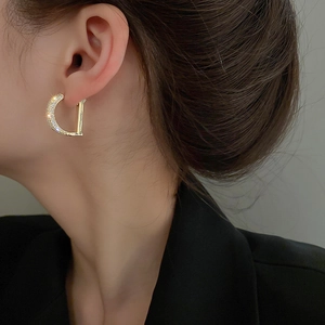 Elegant gold-plated D-letter earrings with pave zircon crystals on a model portrait