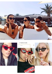Collage of fashion cat eye sunglasses showing models wearing red and black frames outdoors