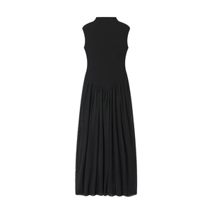 Elegant black sleeveless high neck maxi dress with a pleated mesh splice skirt
