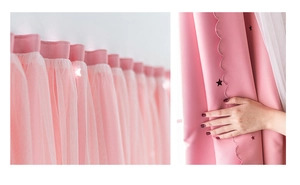 Detail of pink double-layer blackout curtain with hollow stars and glowing LED lights