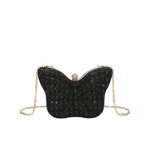 Pochette papillon noire à paillettes élégante avec chaîne en métal doré et fermoir diamant