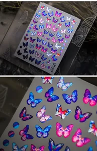 Macro detail of laser gradient butterfly nail stickers with metallic gold EM-009 accents