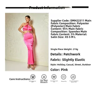 Detail showing pink satin halter dress fabric composition and washing instructions label