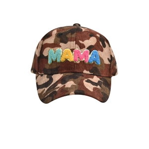 Camouflage corduroy baseball cap with colorful chenille MAMA patch and gold sequins