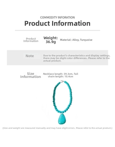 Detailed size specifications for turquoise bead necklace with teardrop pendant dimensions