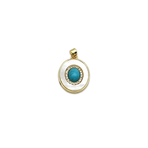 Oval gold pendant with turquoise stone, mother of pearl inlay and crystal accents