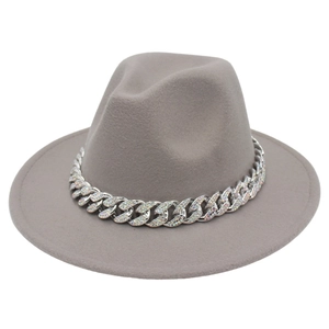 Fedora Hat Wool Felt Wide Brim Jazz Cap With Rhinestone Cuban Metal Chain Fashion Accessory